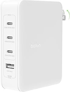 Belkin 140W 4-Port GaN Wall Charger, Multi-Port Charger Block w/USB-C Power Delivery Fast Charge & USB-A Port for Apple MacBook, iPhone 16 Series, iPad Pro, Samsung Galaxy S25, Google Pixel, & More