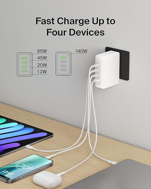 Belkin 140W 4-Port GaN Wall Charger, Multi-Port Charger Block w/USB-C Power Delivery Fast Charge & USB-A Port for Apple MacBook, iPhone 16 Series, iPad Pro, Samsung Galaxy S25, Google Pixel, & More