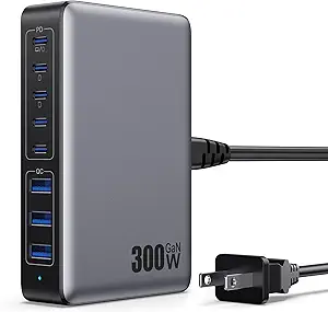 USB C Charger 300W USB C Charger Block Fast Charging Station,GaN IV 8-Ports Fast Charging Hub,Upgraded PD 100W USB C Laptop Desktop Charger Adapter Compatible with MacBook,DELL,iPhone 16,Android-Black