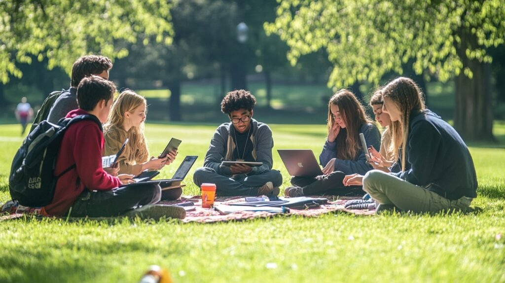 'Happy international student with a laptop and textbooks outdoors on a campus lawn.'